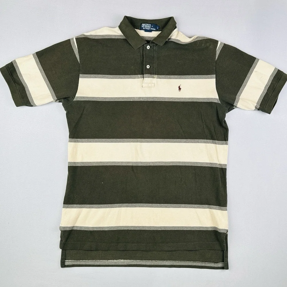 Vintage Polo Ralph Lauren Striped Rugby Polo Shirt Olive Cream Adult L Cotton